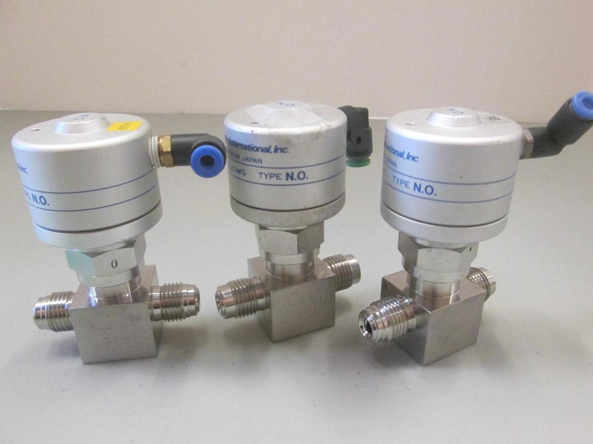 Used Fujikin, 3.5-7kgf, N.O. Pneumatic Valve, 1/4" MVCR, Used, Lot of 3
