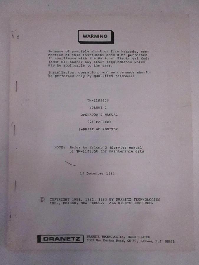 Used Dranetz TM-110235U Volume 1 Operator's Manual, Used