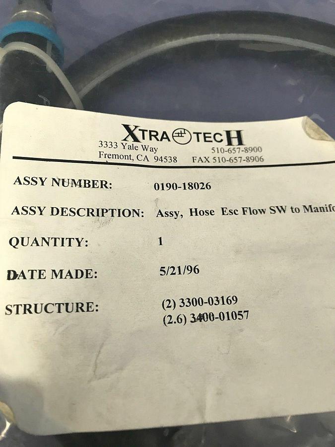 Used Rubber Hose Assy: Esc Flow SW to Manifold, 0190-18026, Swagelok Fittings, New