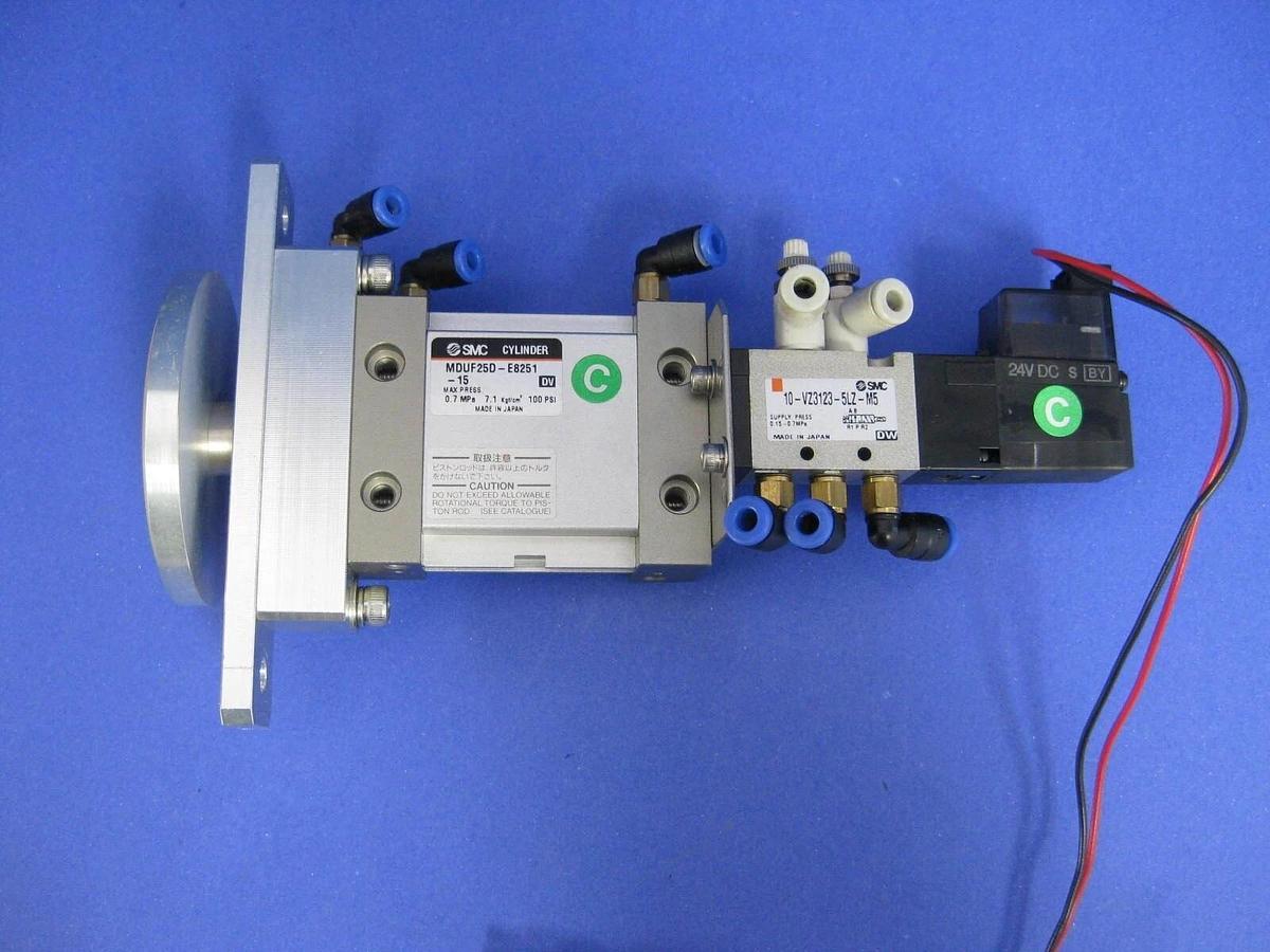 Used SMC MDUF25-E8251 Plate Cylinder w/ 10-VZ3123-5LZ-M5 Solenoid Valve, Used