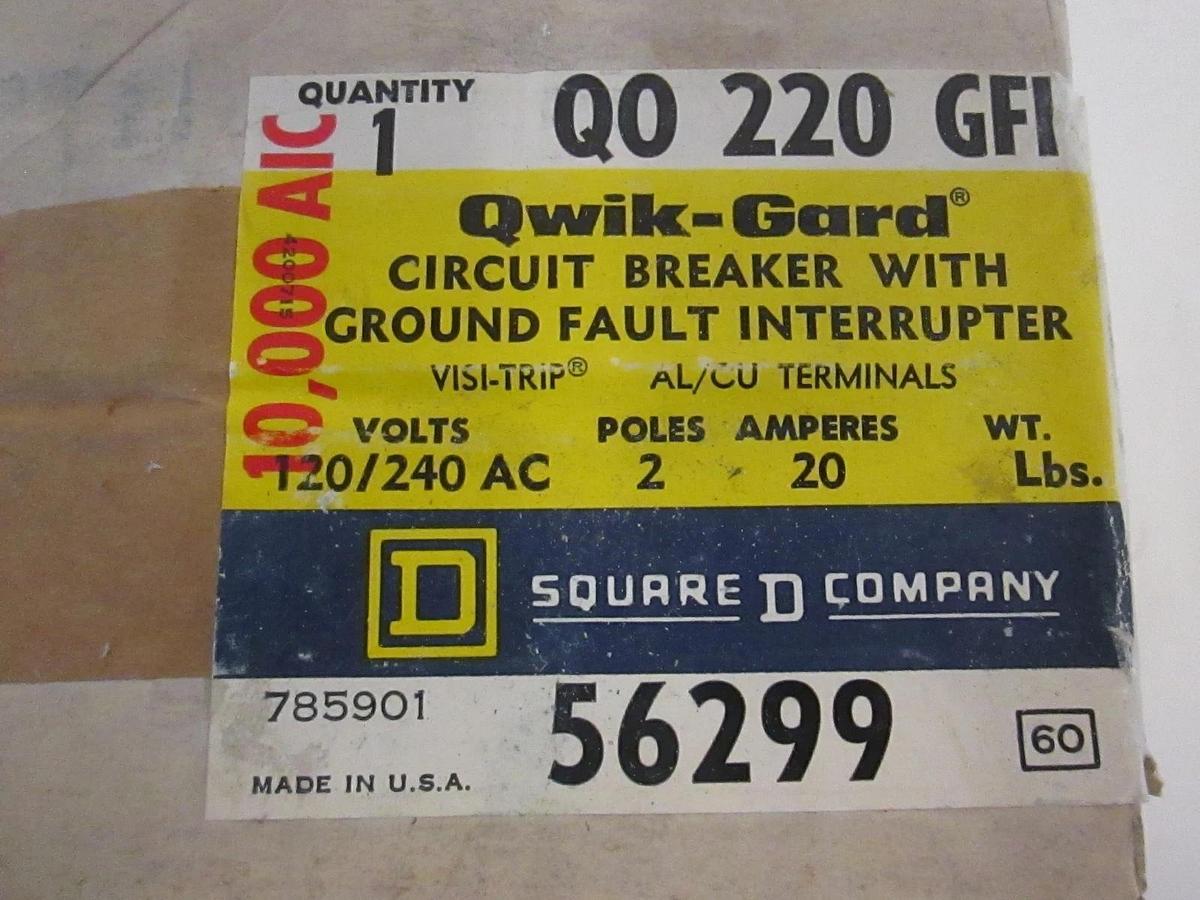 Square D, Q0220GFI, 2 Pole Circuit Breaker w/Ground Fault Interrupter, New