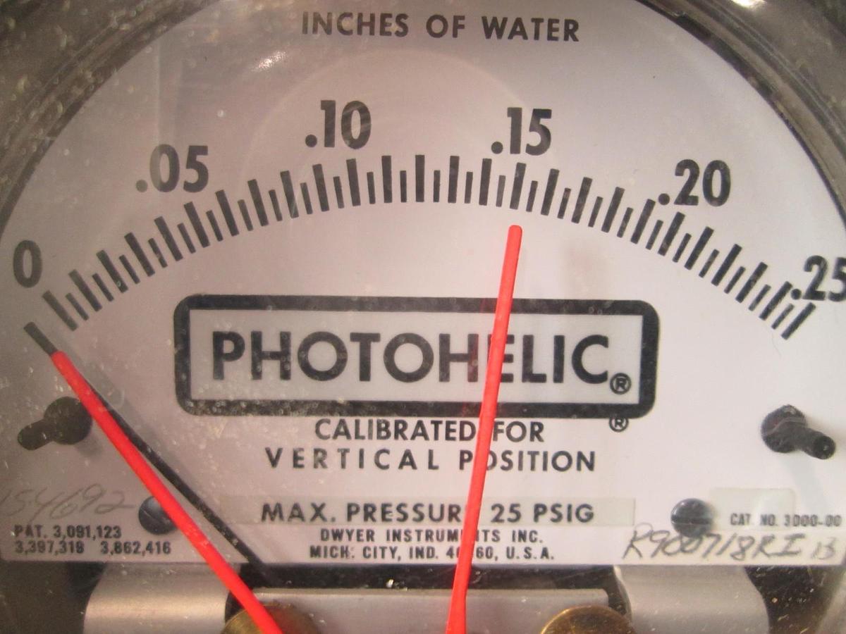 Used Dwyer, Photohelic, CAT. 3000-00, 0-0.25" of Water, Gauge, New