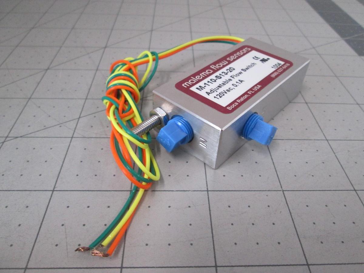 Used Malema Engineering, M-110-S13-20, Adjustable Flow Switch, 120VAC, 0.1A, New