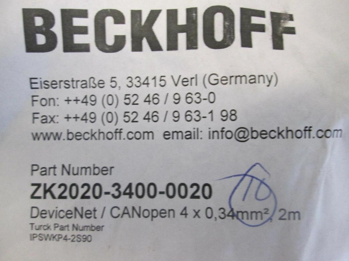 Beckhoff, ZK2020-3400-0020, DeviceNet/ CANopen 4 xx 0,34mm2, 2m, New, Lot of 10