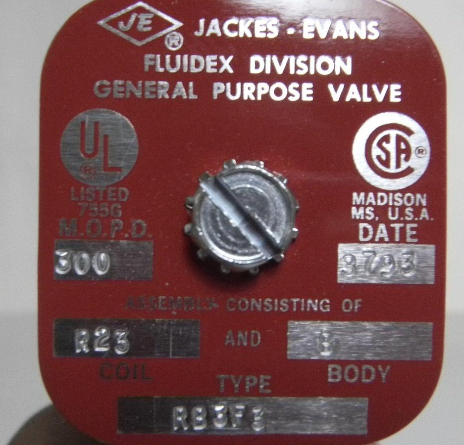 Used Jack- Evans/ Parker RB3F3 Normally Closed Solenoid Valve, 3/8" SAE Male, NIB