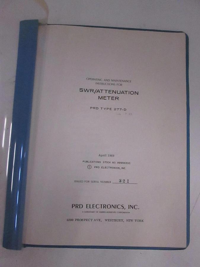 Used PRD Type 277-D SWR-Attenuation Meter Operating and Maintenance Manual, Used