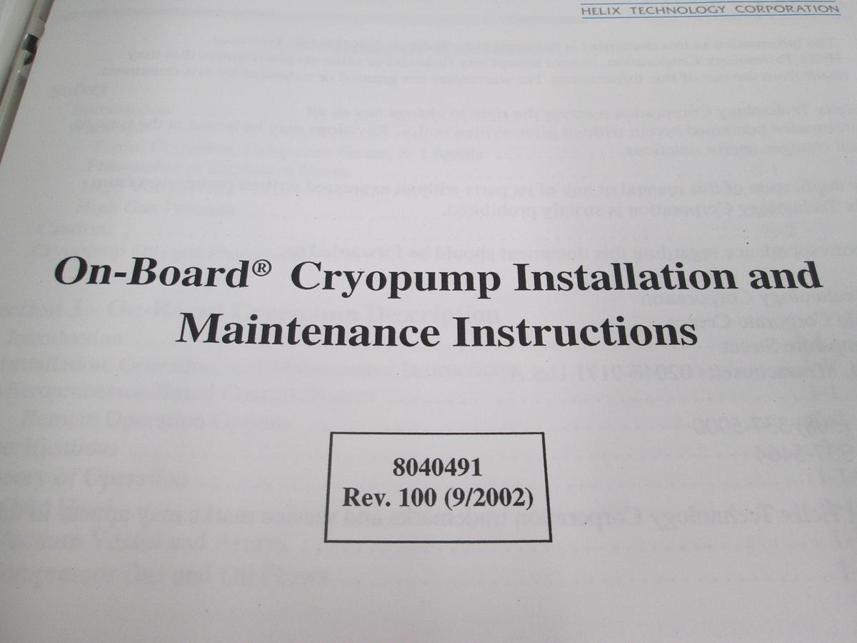 Used Cryogenics, On-Board Cryopump Installation and Maintenance Instructions, 8040491,Used