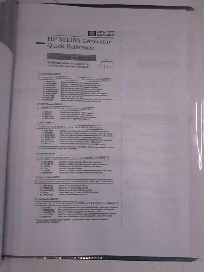 Used HP 33120A Generator Quick Reference Guide, Used