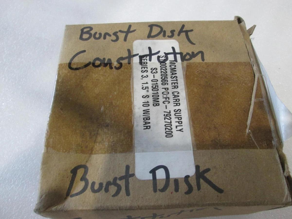 McMaster Carr Supply, S3-015010MB, Burst Disk, Series 3, 1/5" S 1-W/Bar, New