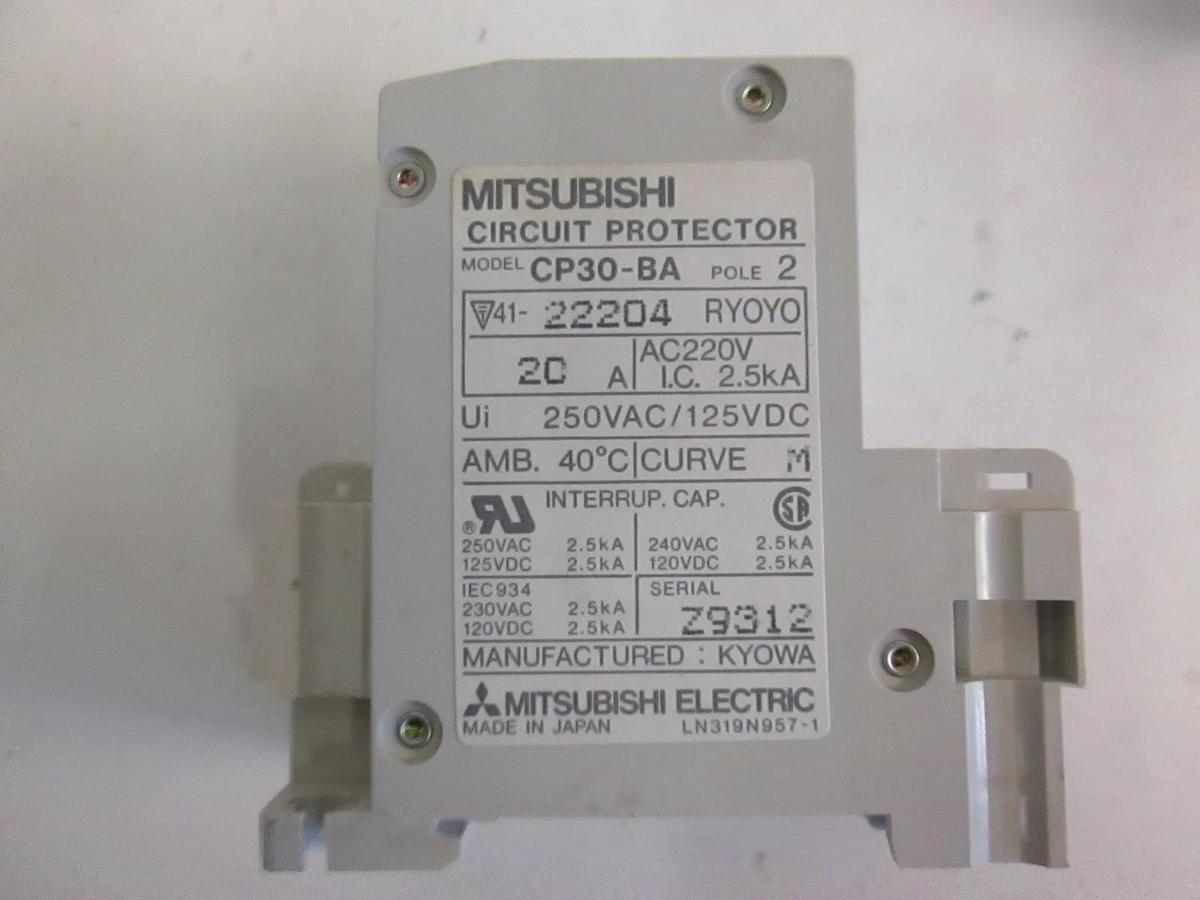Used Mitsubishi Circuit Protector CP30-BA, 20A, 250VAC/125VDC, 2 Pole, Used, Lot of 3