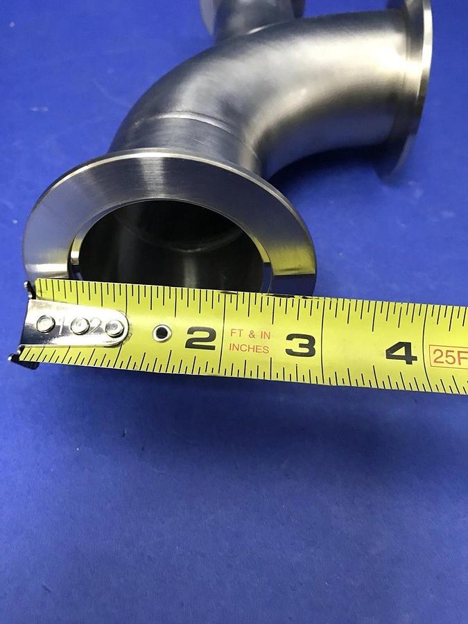 Used SS Vacuum Tube 90° Elbow 4.5" x 3", NW50 Flanges & NW40 Port, LOT of 2 New