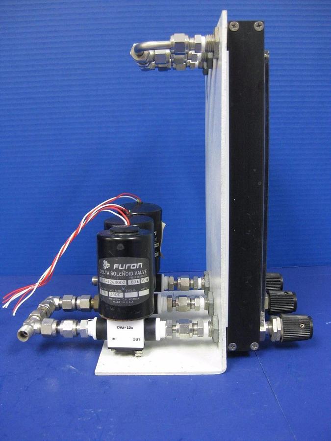 Used Brooks Sho-Rate 3 Flowmeter Assy w/ 3 Furon Delta Solenoid Valves, DV2-124NOD2