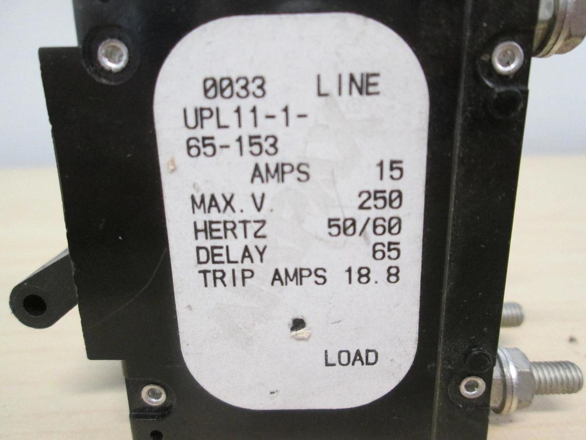 Used Airpax, UPL11-1-65-153, 2 Pole Circuit Breaker, 250V, 15A, Used