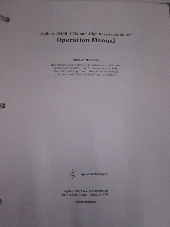 Used Agilent 4349B 4-Channel High Resistance Meter Operation Manual, Used