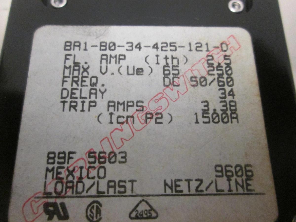 Used Heinemann BA1-B0-34-425, 2 Pole Circuit Breaker Switch, 250V, 2.5A, Used