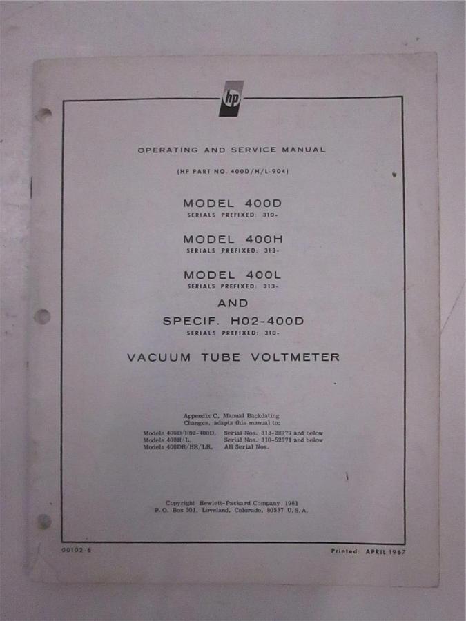 Used HP Model 400D, 400H, 400L and H02-400D Operating and Service Manual, Used