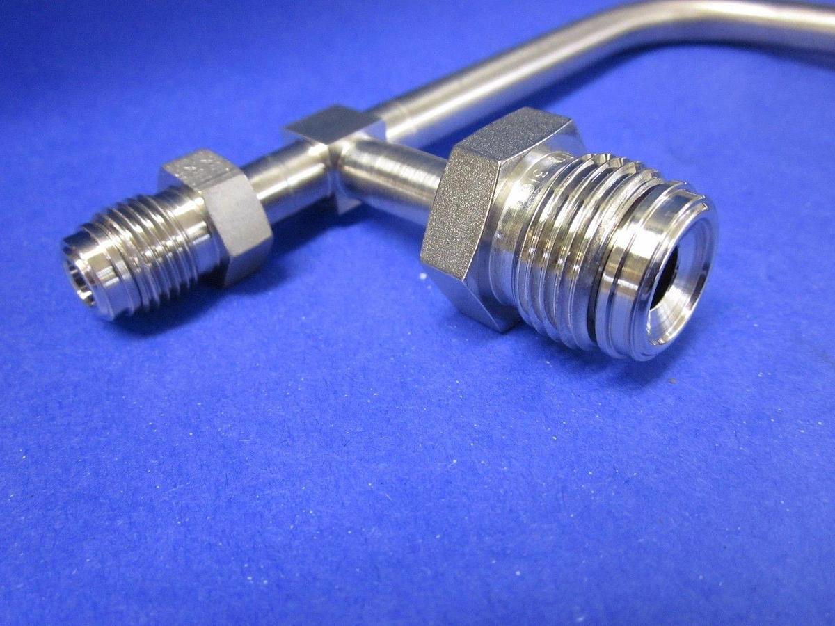 Used Vacuum Elbow Tube Weldement Assy, 1/4" MVCR x 1/2" Female VCR w/ 1/2" MVCR Port