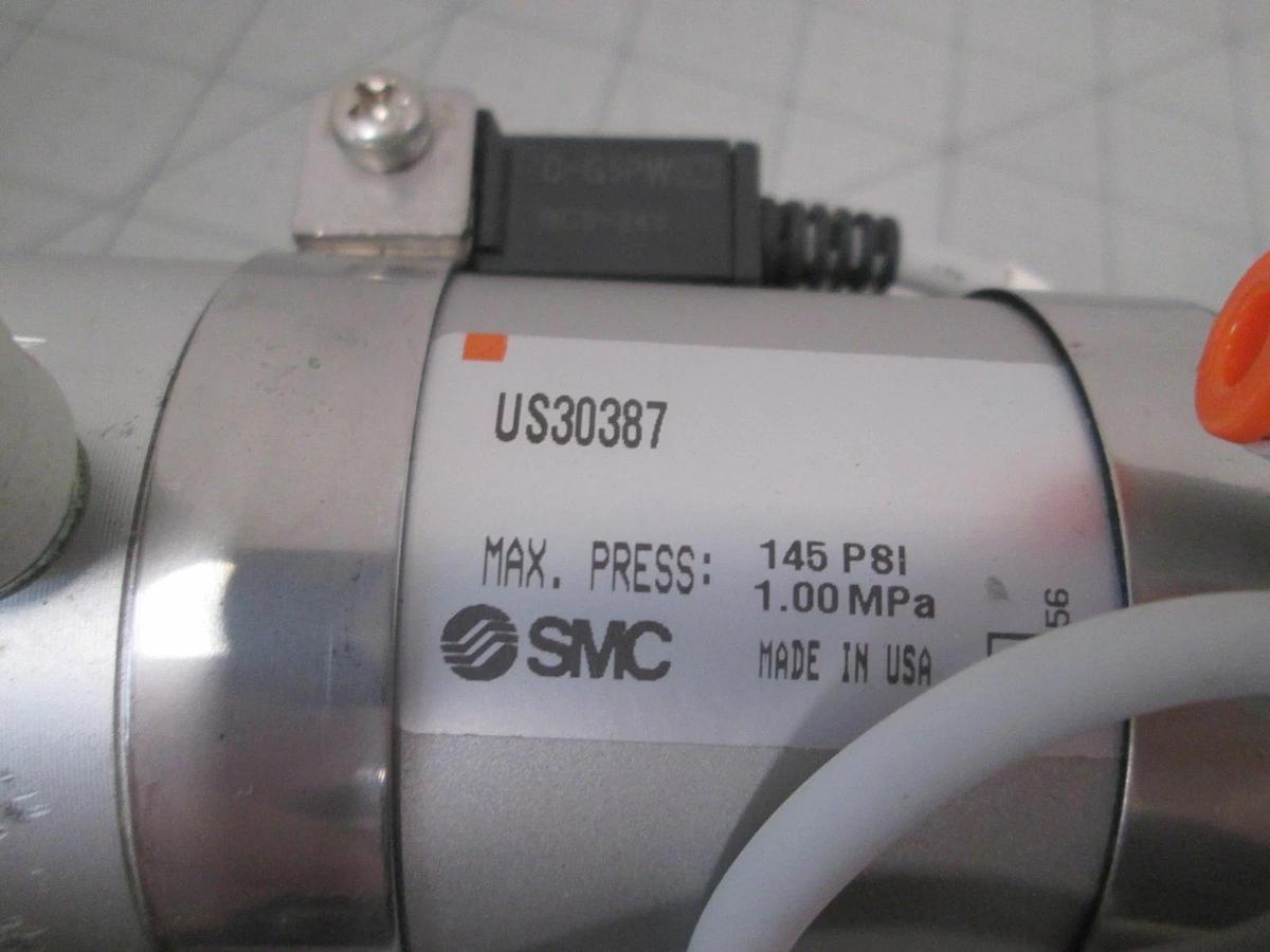Used SMC, US30387, Pneumatic Cylinder, Mas Press 145 PSI, 1.00 MPA, Used