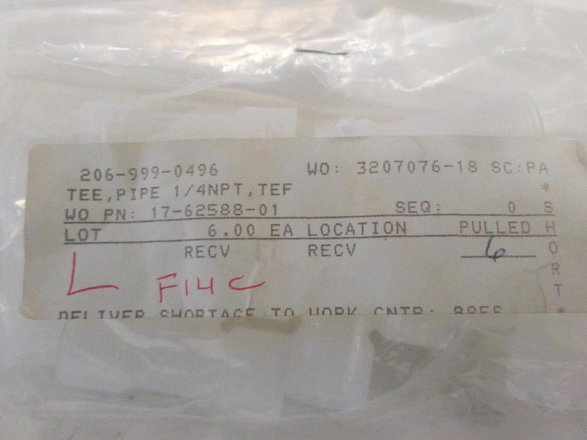 Generic, 206-999-0496, TEE,PIPE 1/4 NPT,TEF, New, Lot of 6