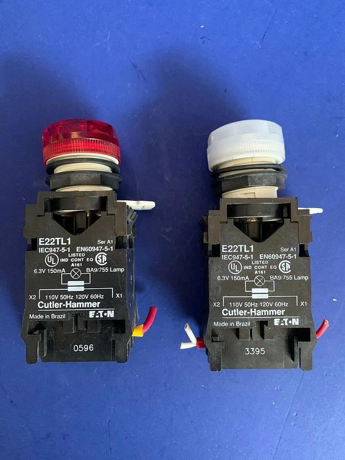 Used Cutler Hammer E22TL1 w/ Pilot Light, Lot of 2 - 1 Red/1 White, Used