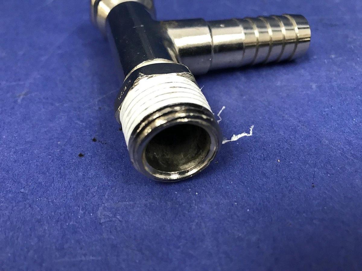 Used Nibco Stainless Steel Tee 3/4"FNPT x 3/4"MNPT x 1/2" Barb, Lot of 6 Used