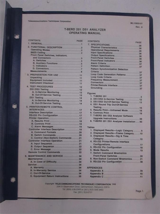 Used TTC T-Berd 201 DS1 Analyzer Operating Manual, Used