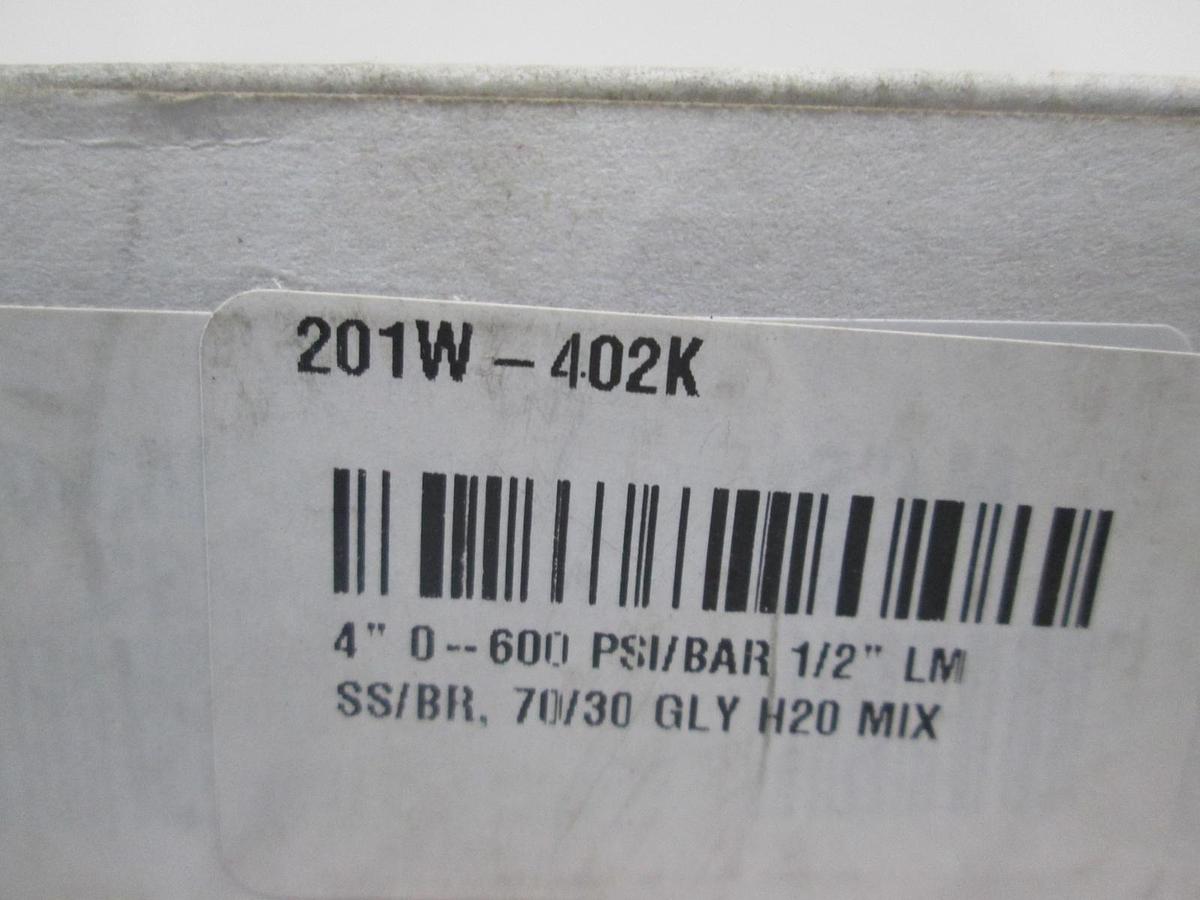 PIC Gauge, 201W-402K, 4", 0-600 PSI/Bar 1/2" LM SS/BR, 70/30 GLY H20 Mix, New