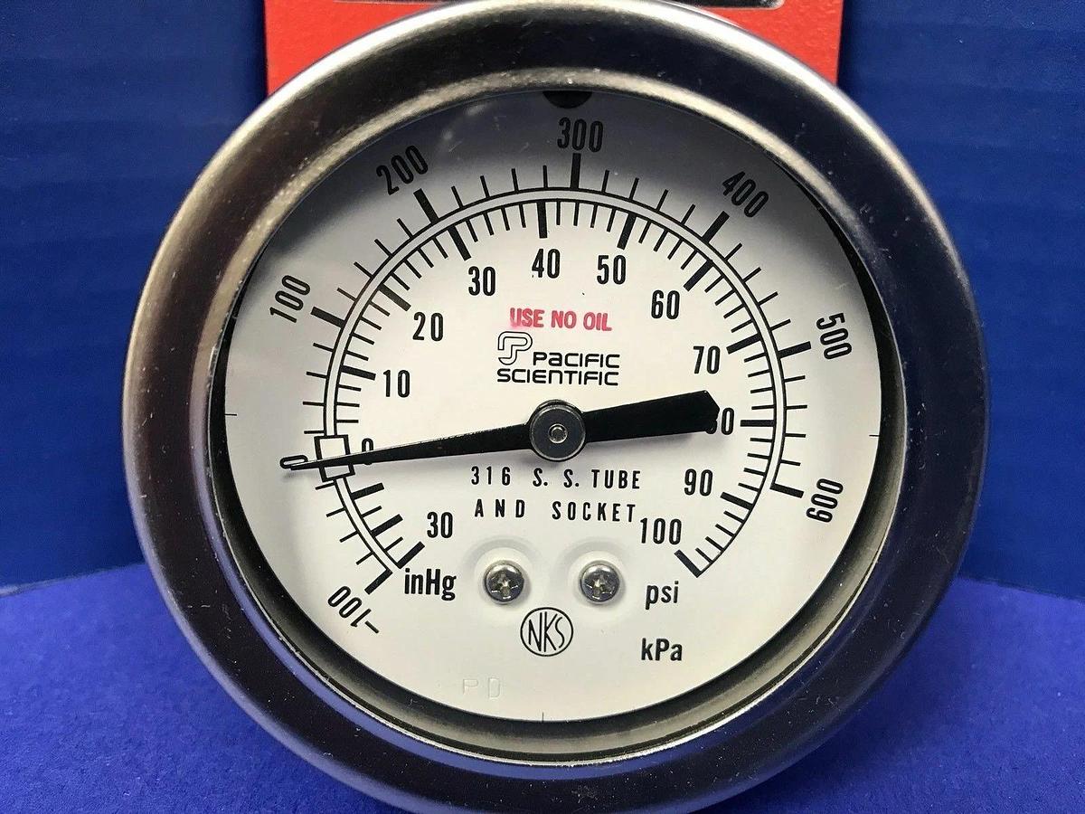 Used Pacific Scientific Gauge 30-0-10 psi / -100-600 kPa, 2.5", 1/4" MVCR, Used