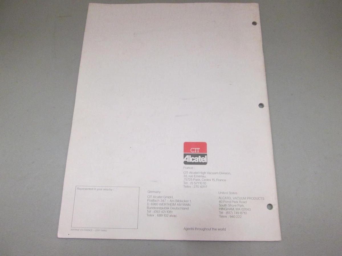 Used Alcatel, 100-85, Mechanical Vacuum Pumps and Accessories Booklet, Used