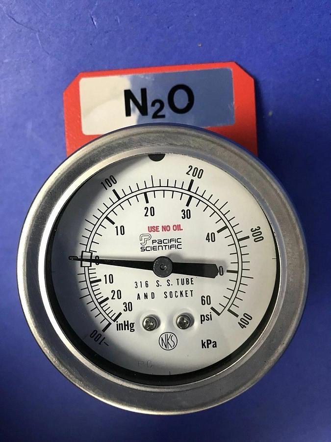 Used Pacific Scientific Gauge 30-0-60 psi / -100-400 kPa, 2.5", 1/4" MVCR, Used