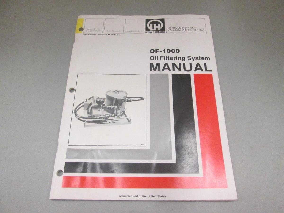 Used Leybold-Heraeus, 722-78-009, OF-1000 Oil Filtering System Manual, Used