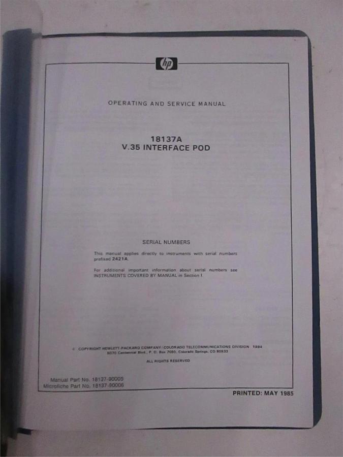 Used HP 18137A V.35 Interface Pod Operating and Service Manual, Used