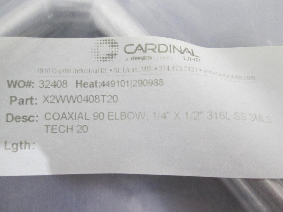 Cardinal, X2WW0408T20, Coaxial 90 Elbow, 1/4" x 1/2" 316L SS SMLS Tech 20, New