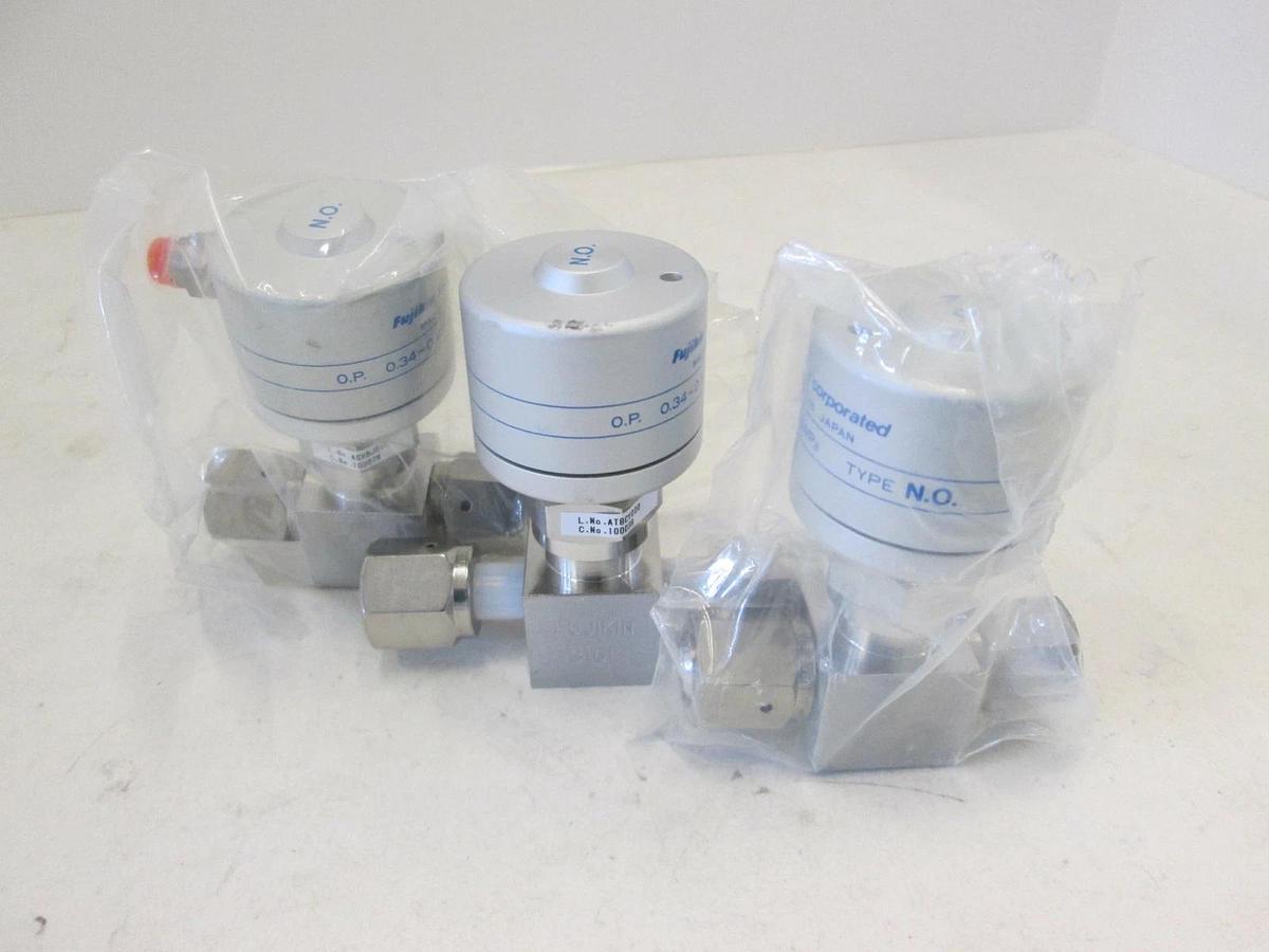 Used Fujikin, O.P. .34 -.69 MPa Pneumatic Valve, N.O, 316L, 1/4 FVCR, Used, Lot of 3