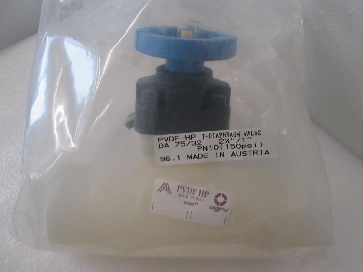 Agru, PVDF-HP, T-Diaphragm Valve 2 1/2"/ 1", 150 PSI, New