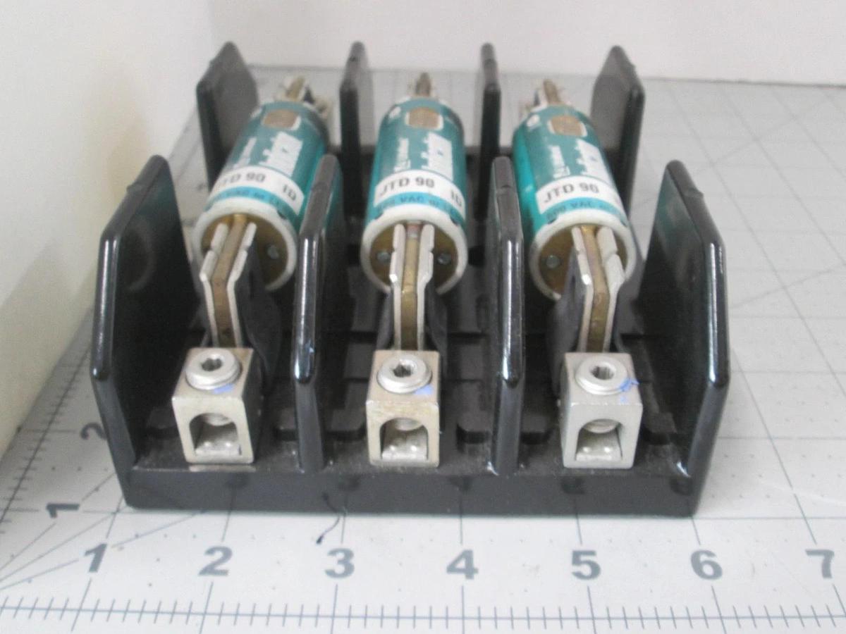 Used Bussmann, J60100-3CR Fuseholder w/ 3 Littelfuse JTD 90 ID Fuses, Used