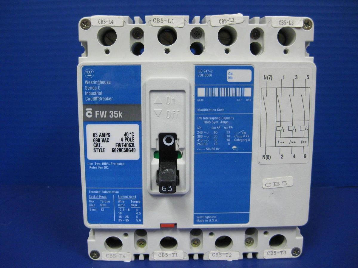 Used Westinghouse Series C FWF4063L Circuit Breaker, 690V 63A, 4 Pole, Used
