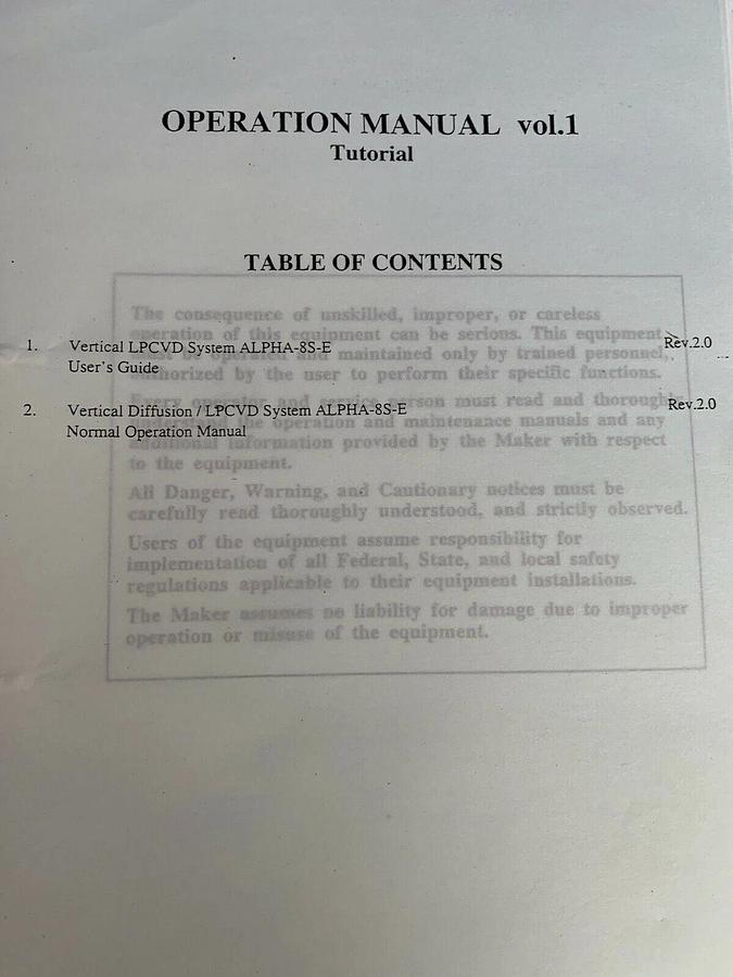 Used Tokyo Electron ALPHA-8S-E Vertical LP-CVD Operation Manual Volumes 1,2 & 3