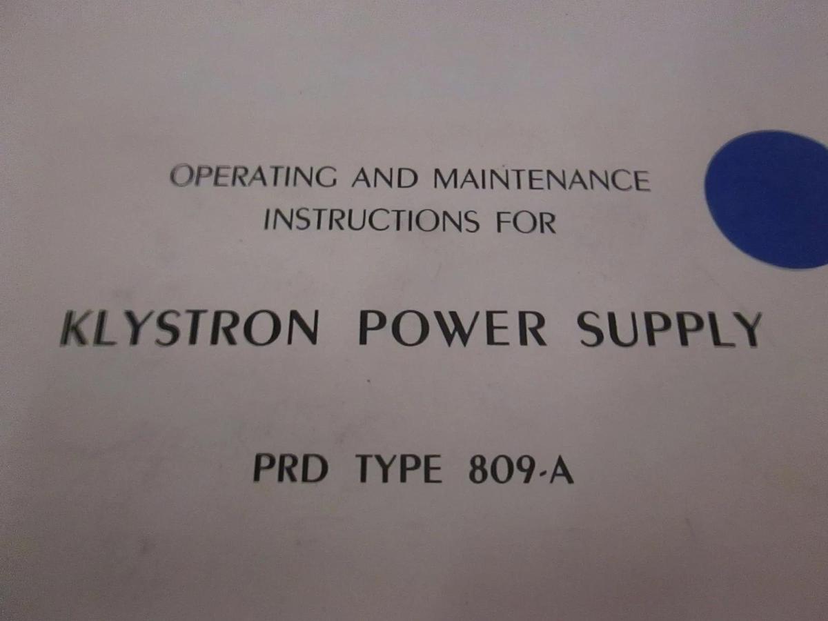 Used PRD Type 809-A Klystron Power Supply Operating and Maintenance Manual, Used