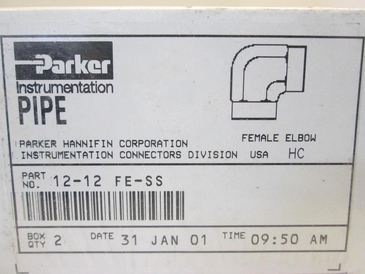 Parker, 12-12 FE-SS, Female Elbow Pipe Fitting Box of 2, New, Original Packaging