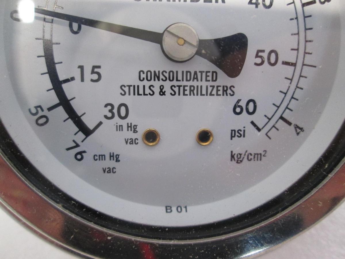 Used Consolidated Stills & Sterilizers, 0-60 PSI Pressure Gauge, Back Mount, Used