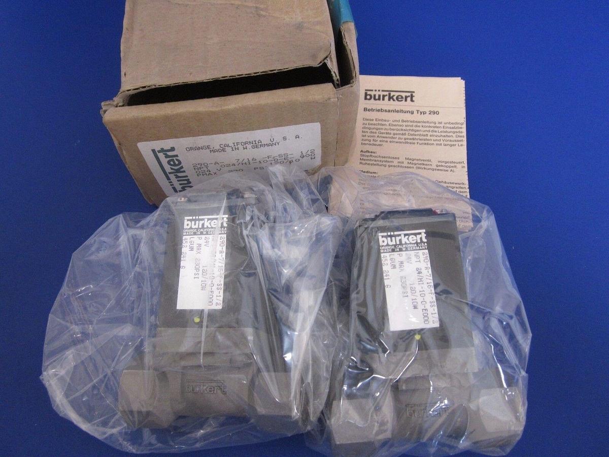 Used Burkert 452 241 G General Purpose Valve 2/2 Way, 290-A-7/16-F-SS-1/2, LOT of 2
