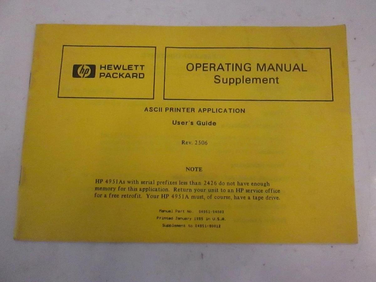 Used HP Operating Manual Supplement for ASC11 Printer Application, User's Guide, Used