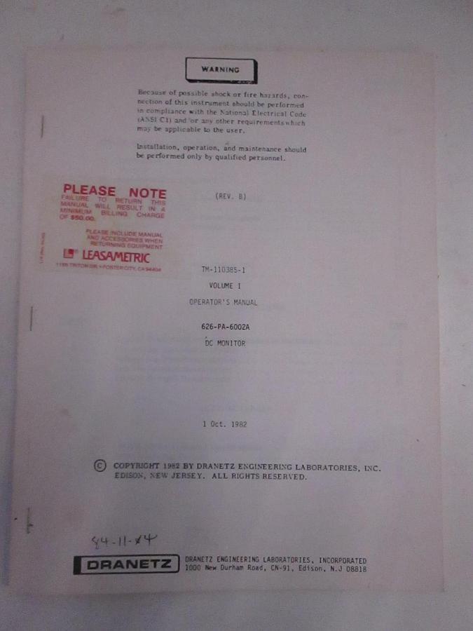 Used Dranetz TM-110385-1 Volume 1 Operator's Manual, Used