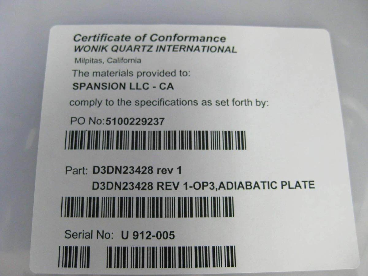 Used TEL Tokyo Electron 300mm Adiabatic Plate, Quartz, D3DN23428, New