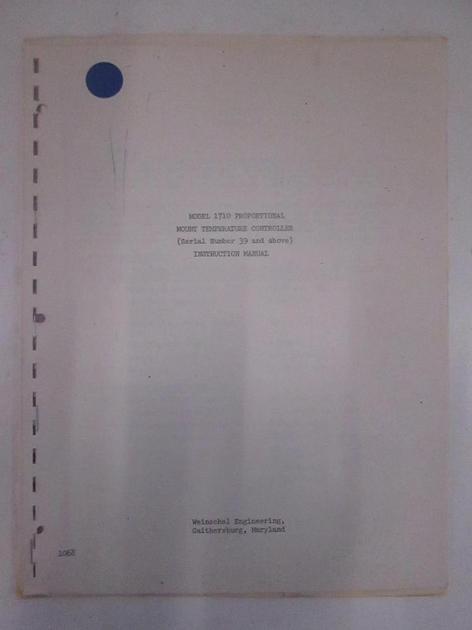 Used Weinschel Model 1710 Proportional Mount Temp Controller Instruction Manual, Used