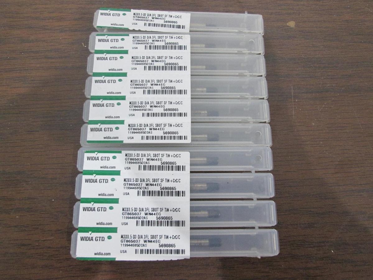 Widia GTD, GT865037, M3X0.5 D3 D/A 3FL SBOT SF TiN+CrC/C, New, Lot of 10