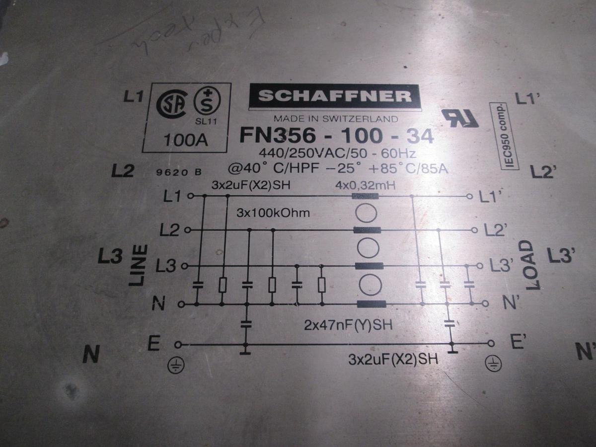 Used Schaffner, FN356-100-34, Power Line Filter, 440/250VAC/50-60Hz, Used