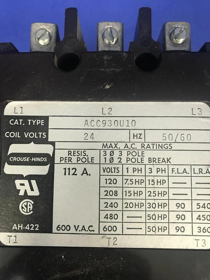 Used CROUSE-HINDS ACC930U10 Contactor, 600 VAC, 112A, 3P, Used