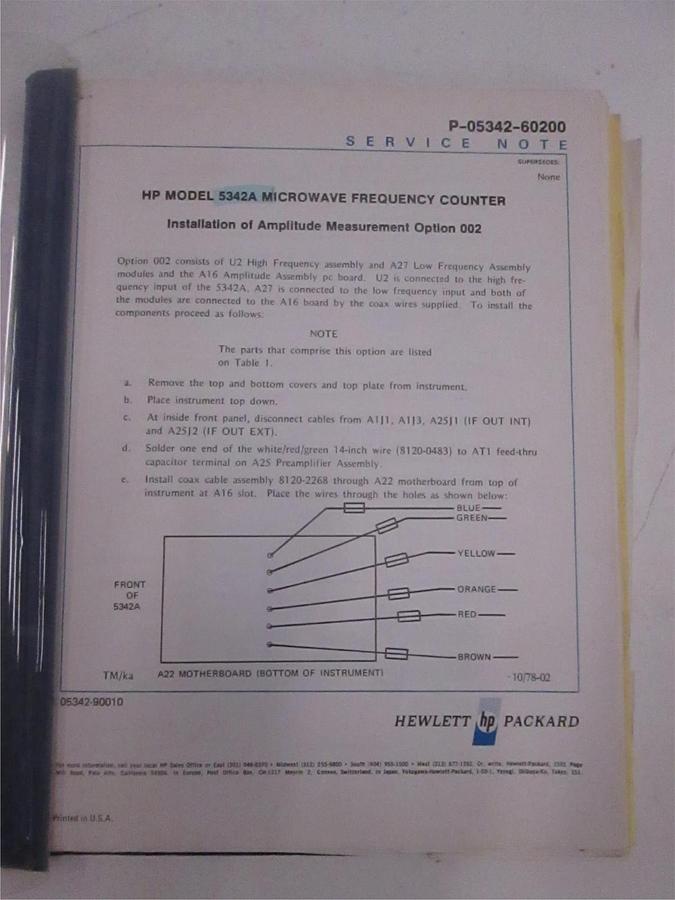 Used HP Model 5342A Microwave Frequency Counter Service Note, Used